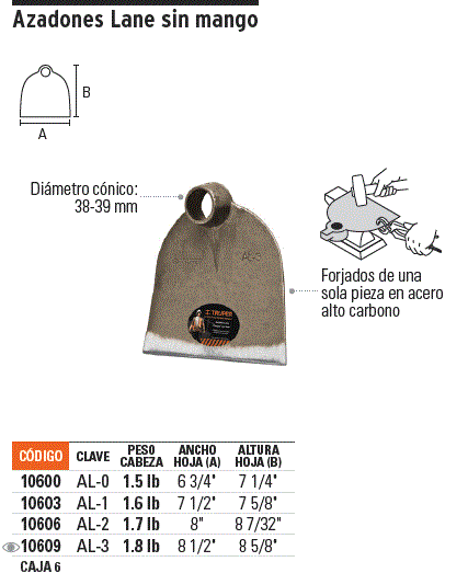 Azadón Lane, No.0, sin mango, 1.6 lb