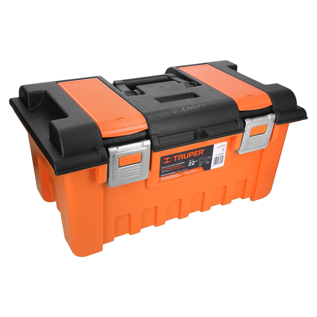 Caja plástica 22' c/compartimentos, naranja, broche metálico