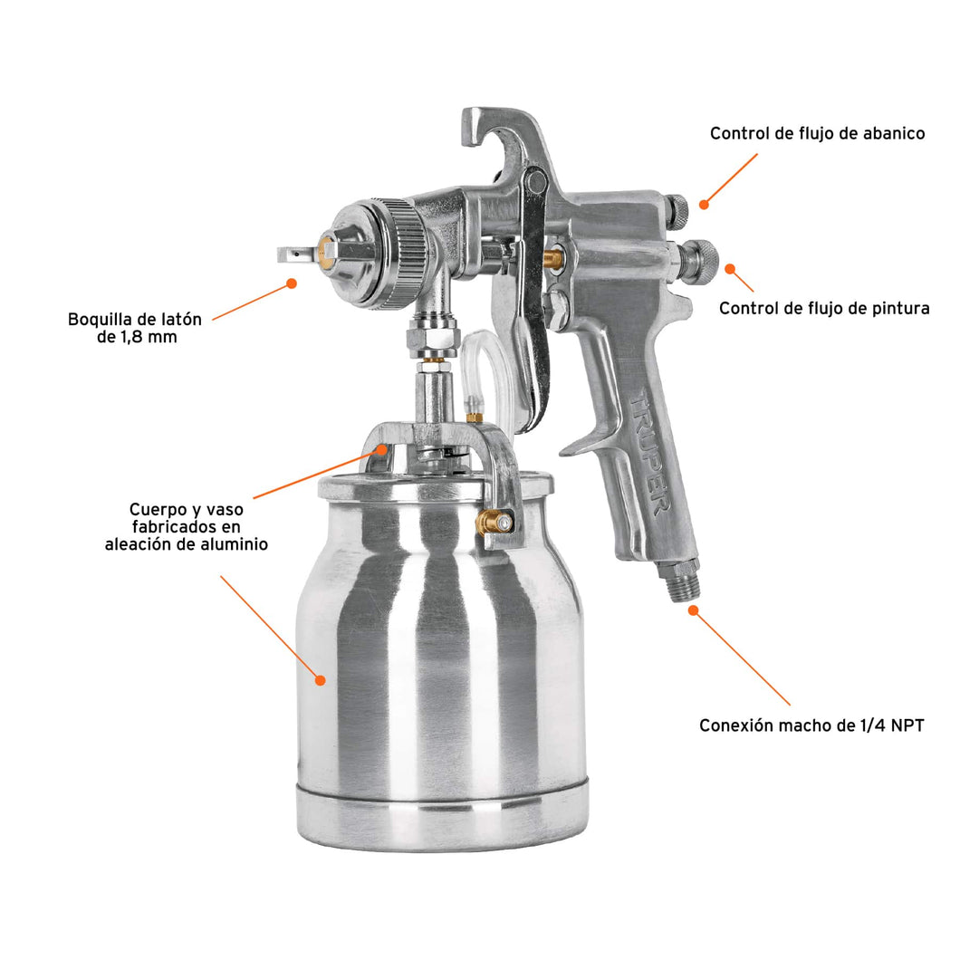 Pistola p/pintar succión HVHP, vaso alum, 1.8mm, 2 perillas
