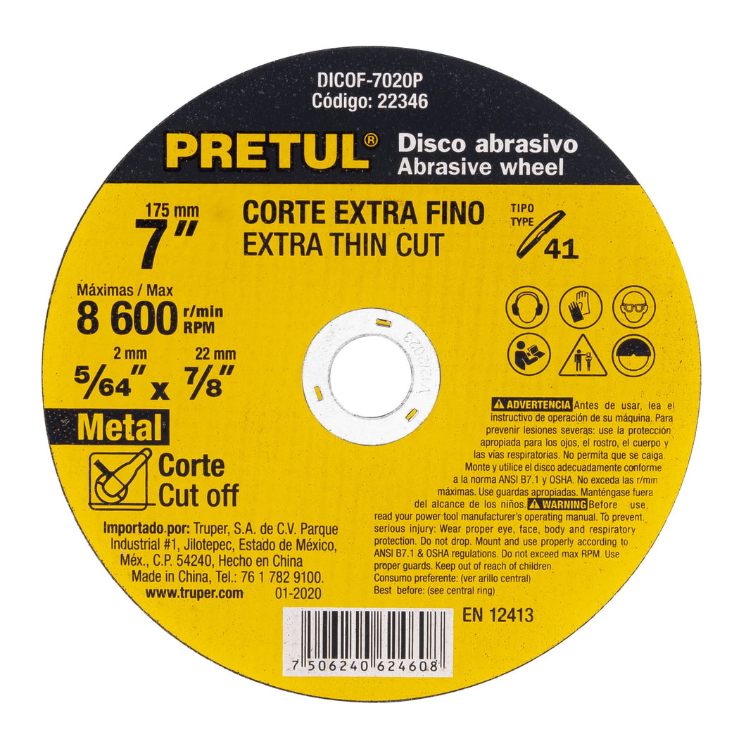 Disco abrasivo para corte extrafino,Tipo 41, 7', 2 mm Pretul