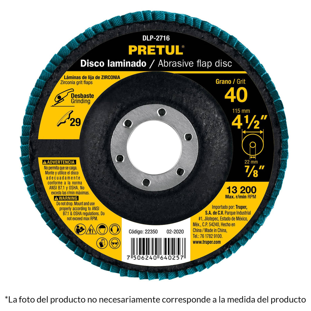 Disco laminado, 4-1/2', grano 80, centro 7/8', Pretul