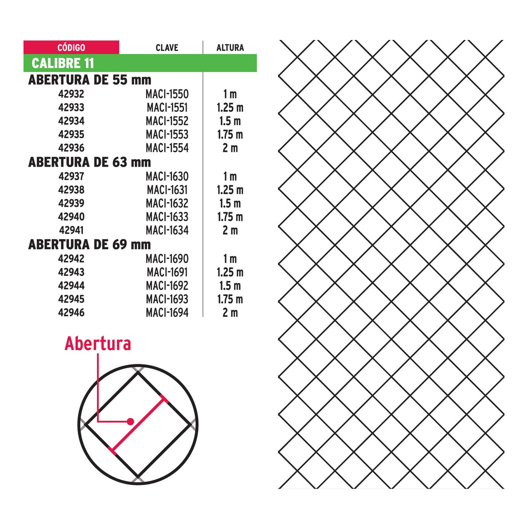 Malla ciclónica, calibre 11, abertura 55 x 55, 1x20 m