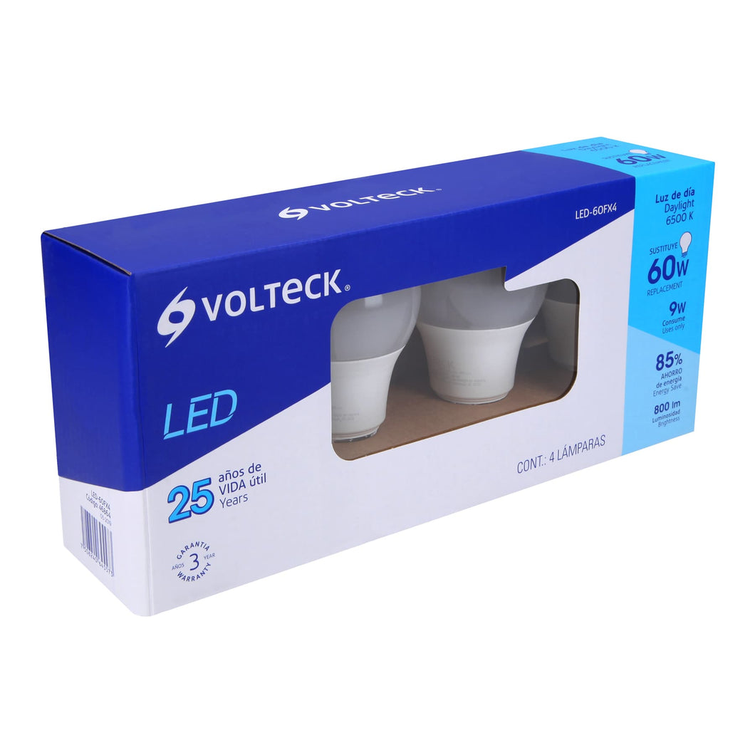 Lámpara de LED, A19, 9W, E27, luz de día, 4 piezas en caja