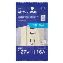 Cargar imagen en el visor de la galería, Contacto aterrizado + 2 puertos USB, marfil, línea Italiana
